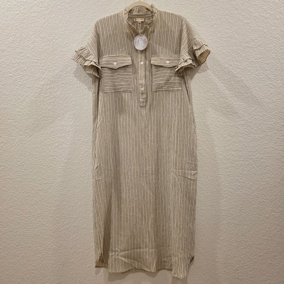 Maison Anana Dresses & Skirts - Maison Anana Capucine Robe Dress Creme Striped Ruffle Sleeve Midi Small NWT